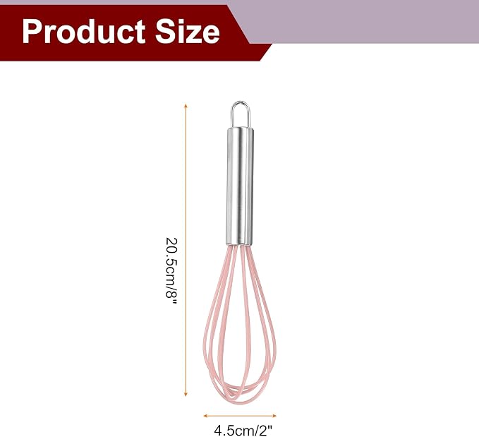 HARFINGTON 5Pcs Silicone Whisk 8" Kitchen Whisk Wire Whisks Beater with Stainless Steel Handle for Egg Milk Whisking Blending Beating & Stirring, Pink
