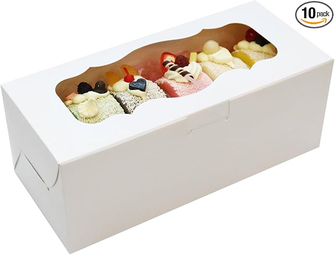 10pcs 9x4x3.5 Inch Cookie Boxes White Bakery Boxes with Window Treat Boxes Gift Boxes for Roll Cakes, Desserts, Muffins, Donuts, Candies and Pastries(9 Inch)