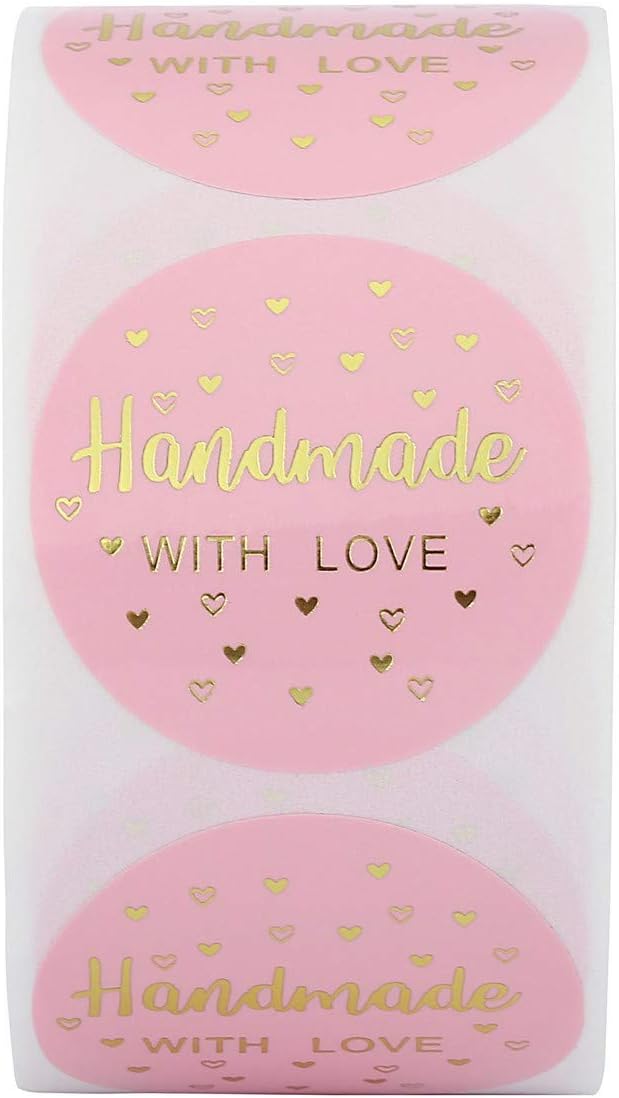 Yoption 1.5 Inch Round Handmade with Love Stickers Pink for Packaging, Cookie Bags, Small Shop Local Handmade, 500 Labels per Roll