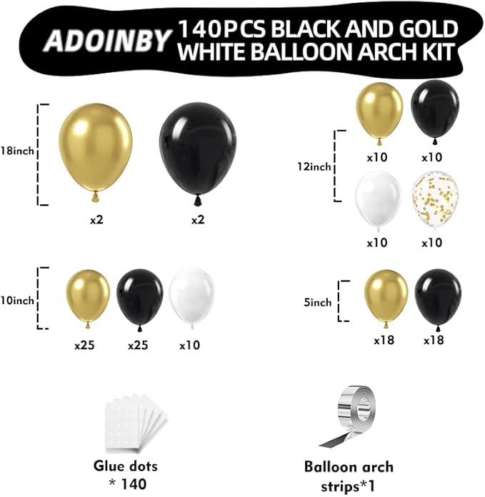 Black and Gold Balloon Arch Kit, ADOINBY 140Pcs Black White Metallic Gold Confetti Latex Balloons 18 12 10 5 Inch Different Size Balloons for Birthday Anniversary Graduation Wedding Party Decorations