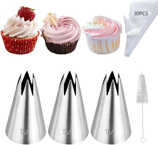 3Pcs Large Tip Siz 1M Star Piping Tip and Piping Bags Set, | with 30PCS Piping Bags,1M Piping Tips,Open Star Shape,for classic cupcakes rosette cake decorating,Merengue Cookies