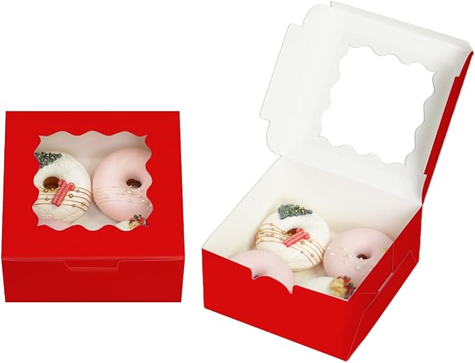 Bakepacker 60pcs Red Cookie Boxes 6x6x3 inches Easy Assemble Macaroon Pastry Boxes Bakery Boxes with Window for Bakery