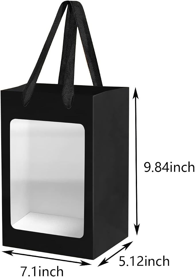 12Pcs Black Paper Gift Bags with Transparent Window, 9.84"x7.0"x5.12" | Kraft Shopping Bags with Handles for Bouquet Christmas Birthdays Festivals Party Weddings Wrapping
