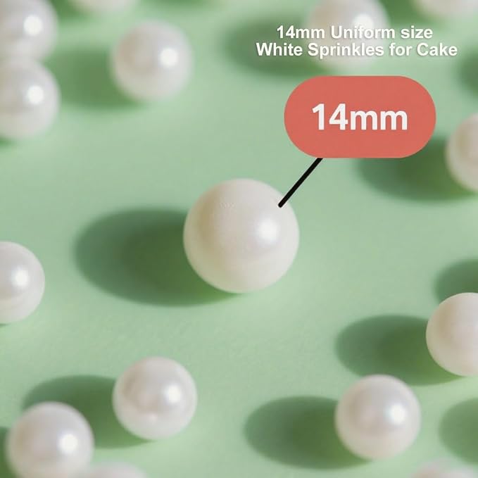 Mkostlich White Pearl Sprinkles 14mm Big, 8.4oz/238g Edible Pearls for Cake Decorating, Sugar Pearls, Cupcake Sprinkles