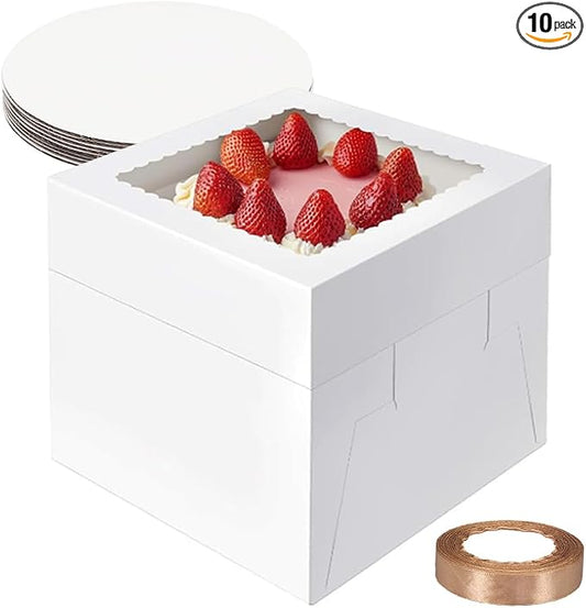 10 Pack Cake Boxes,Tall Cake Box with Window, White Bakery Boxes, 8x8x8 Inch Large Baking Boxes with Sticker, Cardboard Cake Box for Multi-Layer Cakes, Cake Decorating Supplies for Gift Giving