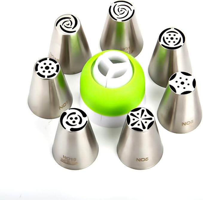 7 Pieces Stainless Steel Small Cake Decorating Russian Tulip Flower Icing Tips Kit with 1pcs Tri-Colors Coupler, Cupcake Decorations Set, Pastry Baking Tools,Plastic Box Package
