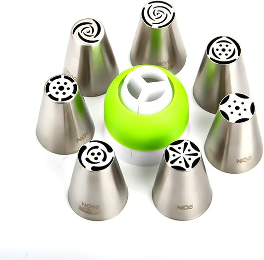 7 Pieces Stainless Steel Small Cake Decorating Russian Tulip Flower Icing Tips Kit with 1pcs Tri-Colors Coupler, Cupcake Decorations Set, Pastry Baking Tools,Plastic Box Package