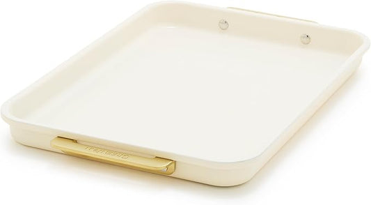 GreenPan Bakeware 13" x 9" Quarter Sheet Pan, Ceramic Nonstick Baking Pan, PFAS & BPA Free, Gold Handles, Durable Steel, Versatile & Space Saving Ovenware, Freezer to Oven Dish, Cream