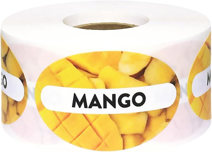 Mango Grocery Store Food Labels 1.25 x 2 Inch Oval Shape 500 Total Adhesive Stickers