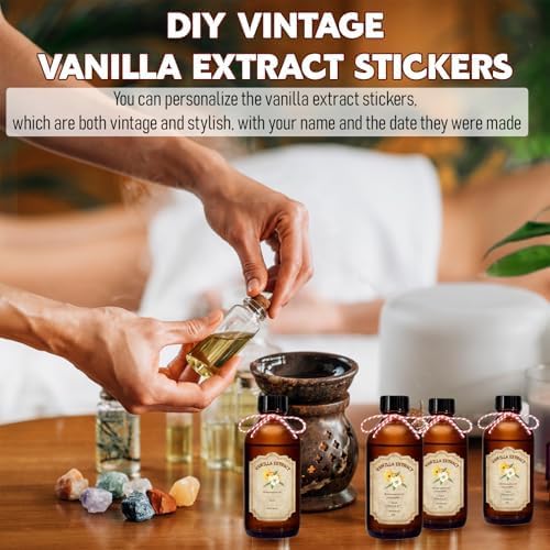 8 Pack 4 Ounce Amber Glass Bottle with Lids Vanilla Extract Homemade Brown Bottle 4 oz and 8 Pcs Vanilla Extract Stickers for Syrup Gift Glass Food Storage Canister Set Sauce Beans
