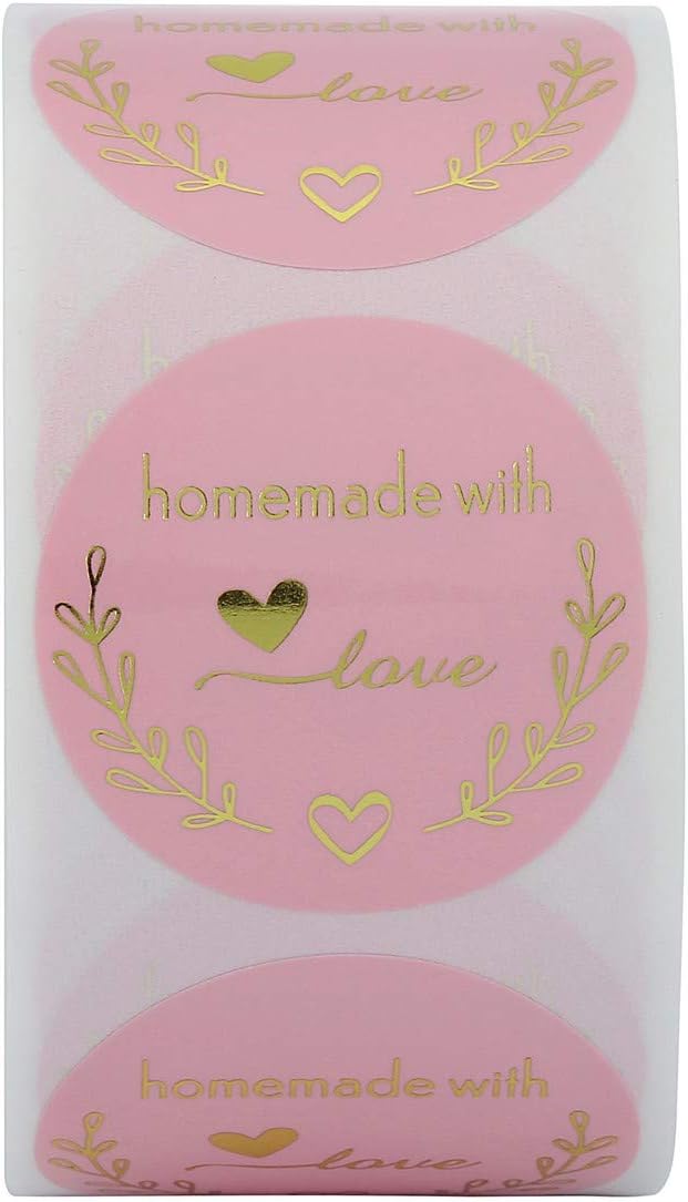 Yoption 1.5 Inch Round Homemade with Love Stickers Pink for Packaging, Cookie Bags, Small Shop Local Handmade, 500 Labels per Roll