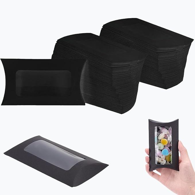 80 Pcs Pillow Gift Boxes with Windows,Kraft Paper Mini Pillow Packaging Box, Creative Favor Box Folding Treat Boxes with Clear Window for Bakery Candy Chocolate Jewelry Display Wedding Party Favor