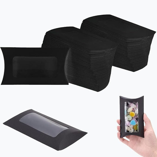 80 Pcs Pillow Gift Boxes with Windows,Kraft Paper Mini Pillow Packaging Box, Creative Favor Box Folding Treat Boxes with Clear Window for Bakery Candy Chocolate Jewelry Display Wedding Party Favor