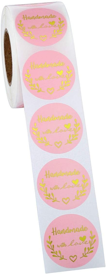 Yoption 1.5 Inch Round Handmade with Love Stickers Pink for Packaging, Cookie Bags, Small Shop Local Handmade, 500 Labels per Roll