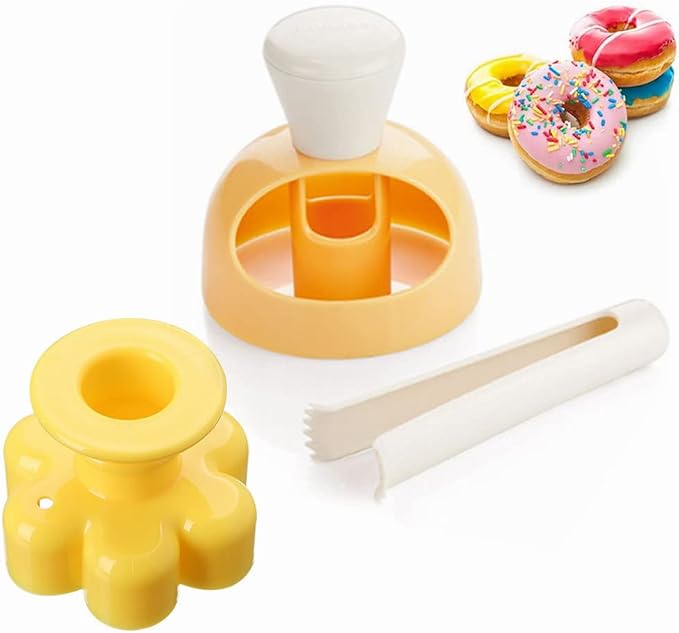 Donut Cutters Set Maker 3 inch Doughnut Cutter Mold, Plastic Round Cookie Cutter for Baking with Dipping Plier, Non-Stick Bread Biscuit Cake Mould Cutter DIY Donut Tools (2 Pack)