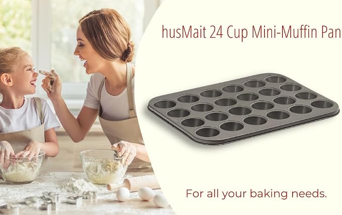 husMait 24-Cup Mini Muffin Pan - Non-Stick Carbon Steel Mini Cupcake Pan - Heavy Duty Metal Baking Tray, Warp-Resistant, PFOA Free & Dishwasher Safe