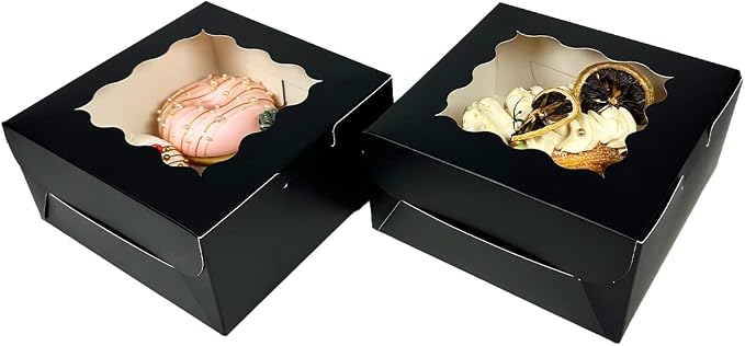 Bakepacker 60pcs Black Cookie Boxes 6x6x3 inches Easy Assemble Macaroon Pastry Boxes Bakery Boxes with Window for Bakery