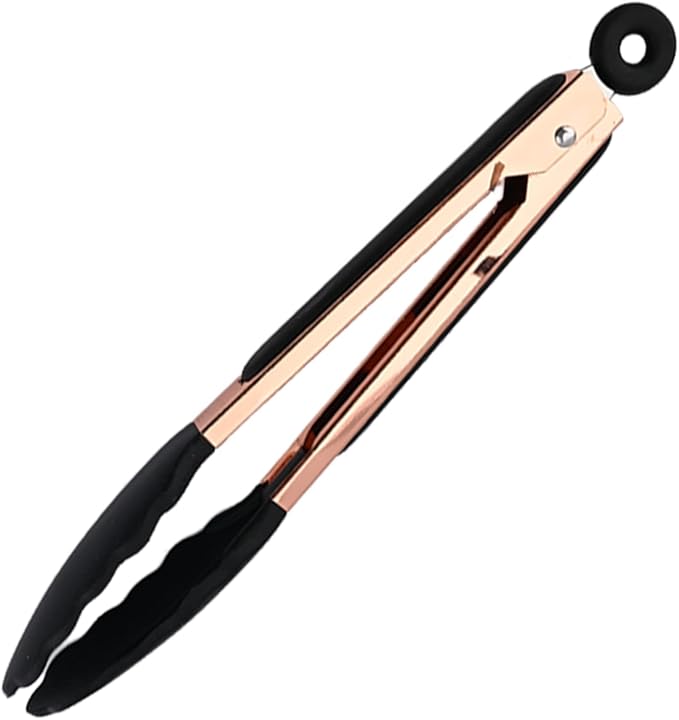 1pc Black & Copper Silicone Kitchen Tong, Stainless Steel Food Tongs with Non-stick Silicone Tips for Serving Food, Locking Silicone Tong for Salad BBQ Serving Buffet Frying.