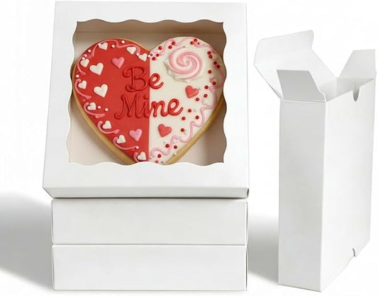 NEKSUNBAK 50PCS 5 x 5 x 1.2 inch White Cookie Gift Boxes, Bakery Boxes with Display Window, Treat Boxes for Macaron, Donuts, Any Holidays & Party Favors