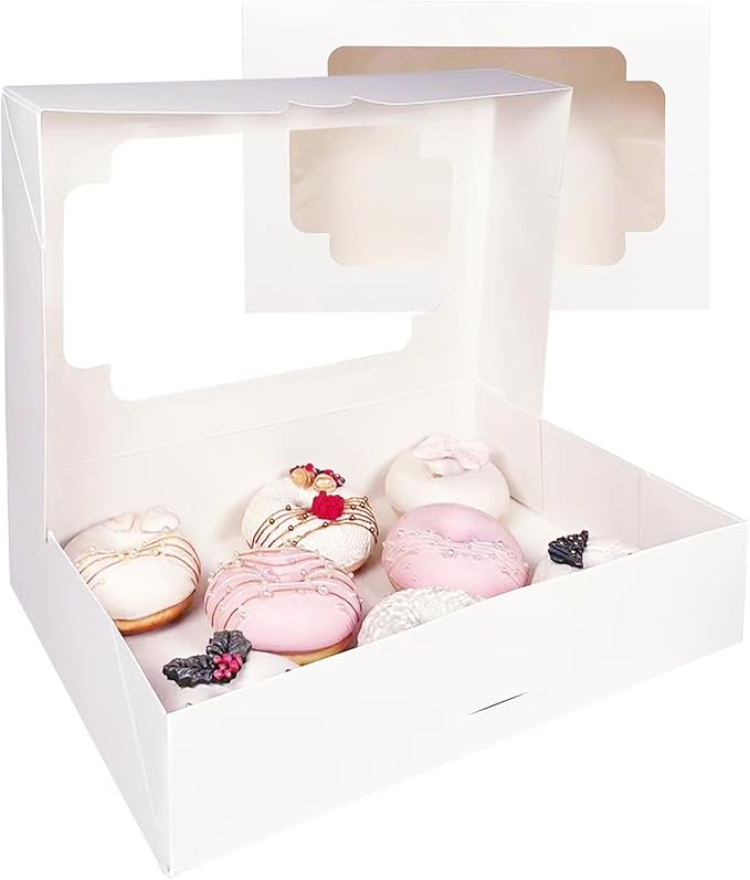 qiqee Auto-pop up 12x8x2.5 inch White Cookie Box with Window 15 Packs Two Uses One Second Folding Pastry Biscuit Bakery Box for Packaging
