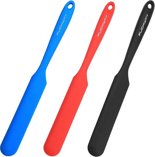3pcs Silicone Jar Spatulas 10in Long Skinny Heat-Resistant, Narrow Spatula Set for Scraping Peanut Butter, Sourdough, Jam in Small Containers, Blenders & Baking (Black & Red & Blue)
