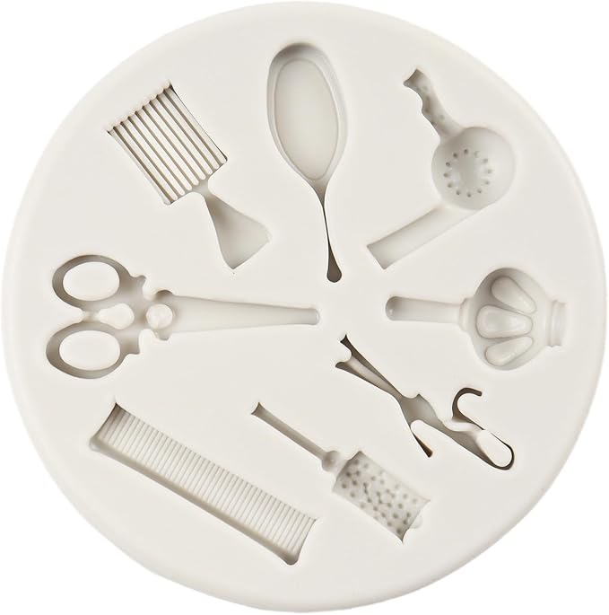 Hairdressing Silicone Mold Hair Cutting Tools Fondant Molds Scissors Comb Mirror Hair Dryer Molds for Cake Decoration Cupcake Topper Candy Chocolate Sugar Craft Polymer Clay Gum Paste
