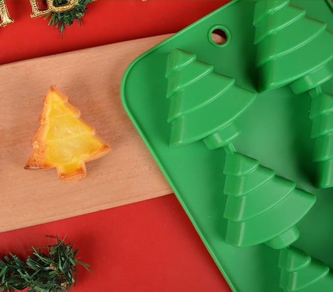 6 Cavities Silicone Cookies Biscuit Mold, Christmas Halloween Candy Mold, Reusable DIY Baking Mold Jelly Chocolate Mold, Ice Cube Tray Wax Melt Molds(Set of 2 Green Christmas Trees)