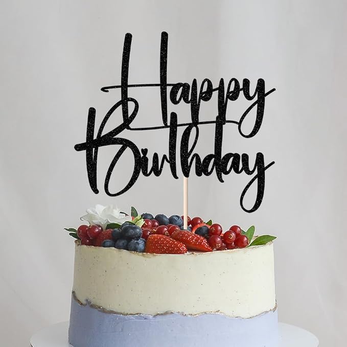 Happy Birthday Cake Topper,black Glitter Cake Pick Bunting Decor for Anniversary Birthday Party Cake Decorations Supplies