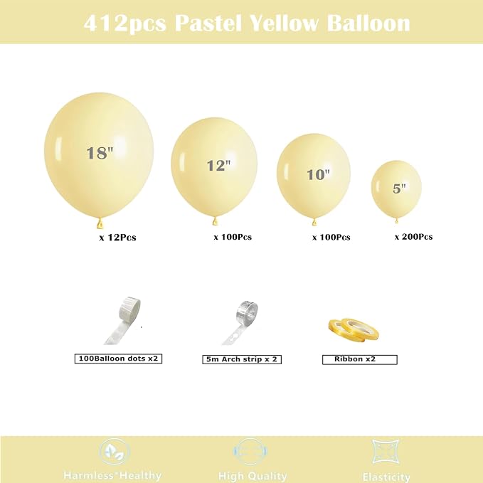 412pcs Pastel Yellow Balloon Garland Arch Kit 18 12 10 5 Inch Different Sizes Light Yellow Latex Balloons for Baby Shower Birthday Anniversary Wedding Gender Reveal Sunflower Party Decoration