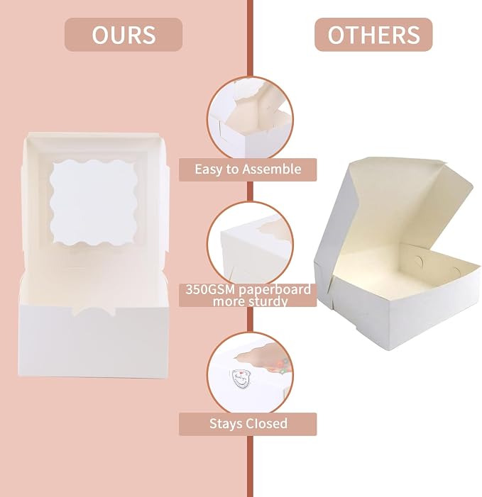 100 pcs 6x6x3 Inches Small Cake Box with Window, 6 inch Cookie Boxes Bakery Pastry, Mini Pie container for Pastry,Dessert,Strawberries,Chocolates, Cupcakes with paper stickers (White)