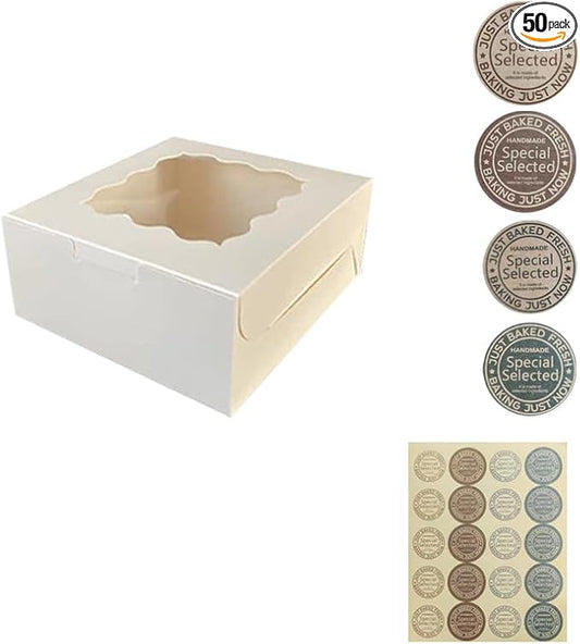 Generic 50Pcs (6x6x3 in) Mini Cake Boxes+3 stickers with Display Window for Gift Giving, Bakesale, Cupcakes, Dessert, Cookies, Pie, Macaroons, Donuts, Pastry, Kraft Paper Material… (50Pcs White)