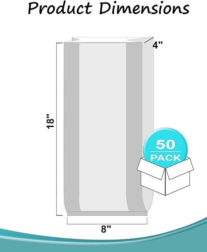 Large Bread Bags with Ties, 8 x 4 x 18", 50 Pack, Clear, Reusable, Bulk Bread Bags for Homemade Bread, Plastic Bakery Bags, Clear Bread Loaf Packing Bags