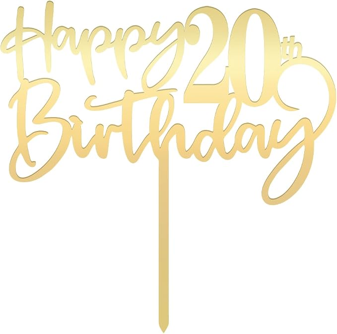 Happy 20th birthday cake Topper,Mirrored Gold Acrylic Durable Cake Topper,20th Birthday Party Cake Decorations,Hello 20th years old, Happy twenty years old, Birthday Party Decorations