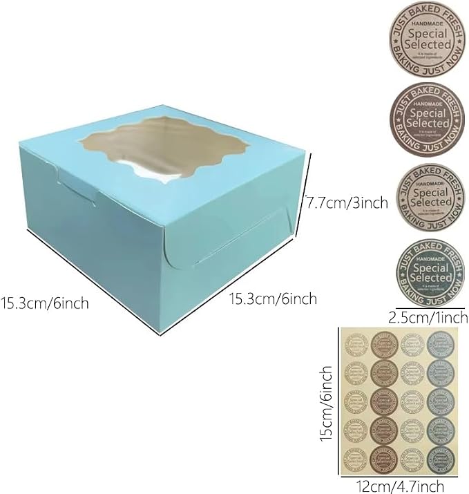 Generic 50Pcs (6x6x3 in) Mini Cake Boxes+3 stickers with Display Window for Gift Giving, Bakesale, Cupcakes, Dessert, Cookies, Pie, Macaroons, Donuts, Pastry, Kraft Paper Material… (50Pcs blue)