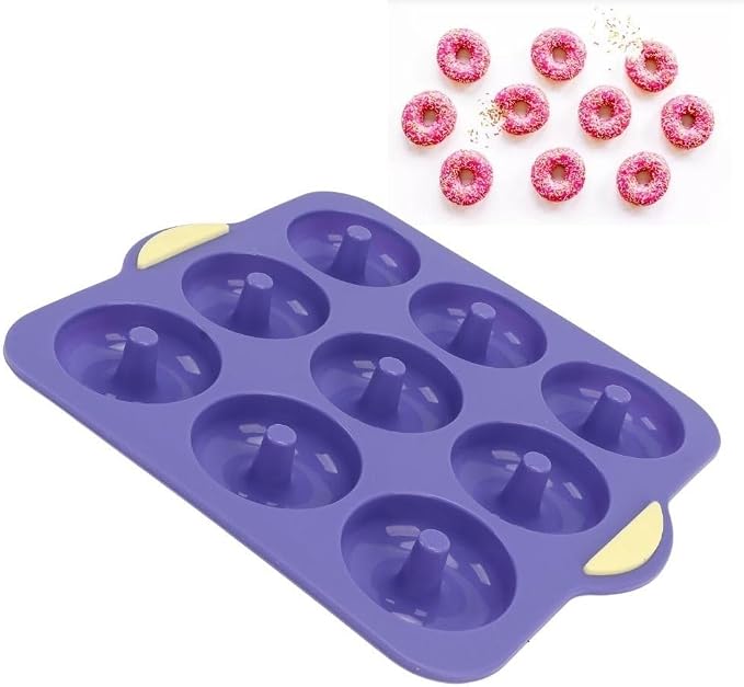 Limen Silicone Donut Baking Mould Tray, 9-Cavity Non-Stick Ring Cake Pan with Center Posts and Dual Side Handles for Oven Baking 11.5x10.12 in(Blue)