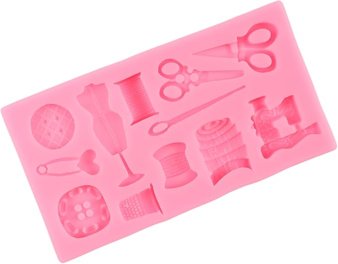 Sewing Tools Silicone Molds Scissors Button Sewing Designer Clothes Fondant Molds Sewing Machine Mold for Cake Decorating Cupcake Topper Chocolate Candy Gum Paste Polymer Clay