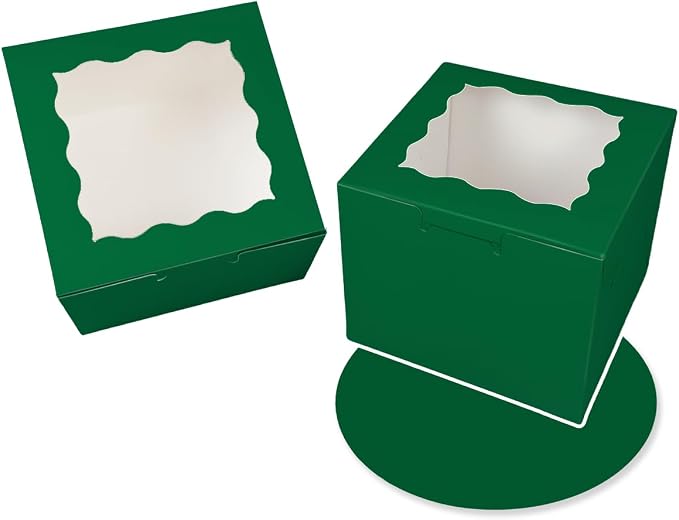 Bakepacker Deep Green 8x8x5 Inches 36pcs Cake Boxes with Window 18-Packs Deep Green 8 Inch Bakery Boxes (18 Cake Boxes +18 Cake Boards Included)
