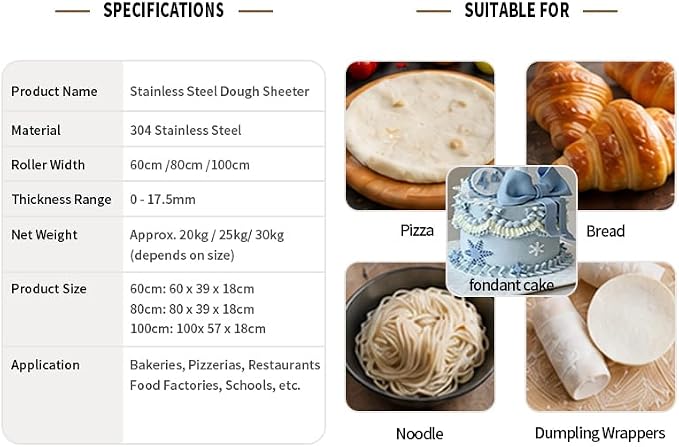 304 Stainless Steel Fondant Dough Sheeter with 23.62" x 11.81" Sheeter Board, fondant non-stick roller, Manual Dough Roller with 1-20mm Adjustable Thickness