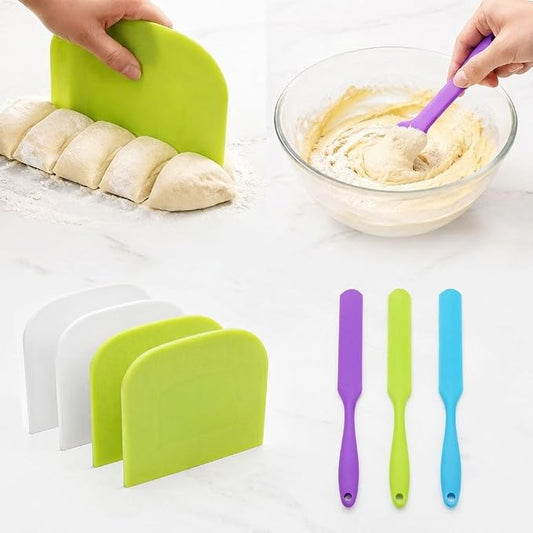 3 Pcs Silicone Jar Spatula Set + 4 Pcs Plastic Dough Bench Scraper, Heat Resistant Cream Butter Spreader, Flexible Bowl Scraper, Non-Slip Kitchen Baking Tools for Cake, Bread, Pastry Mixing