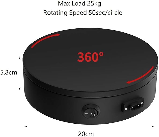 Motorized Photography Turntable, Automatic Revolving Platform Perfect for 360 Degree Images,Professional for Shop Display Stand,Product Display or Cake Display,55lb Load Dia 7.8inch- Black