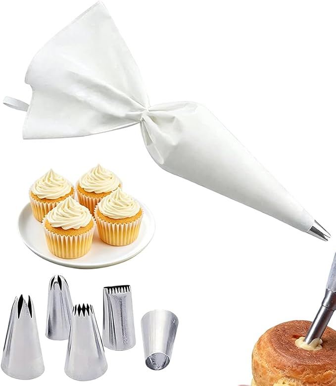 10-Piece Piping Bags and Tips Set, Reusable Cake Decorating Kit with 16 Inch Pastry Bag, 5 Icing Tips, 1 Puff Nozzle, 1 Bag Ties, 1 Couplers, 1 Brush, Baking Tools Frosting Kit for Cake Decorating