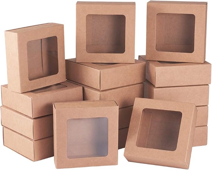 BENECREAT 20 Packs 3.5x3.5x1.2 Square Kraft Paper Gift Boxes Drawer Box with PVC Window Lid for Birthday Party Favor Treats Bakery and Candy