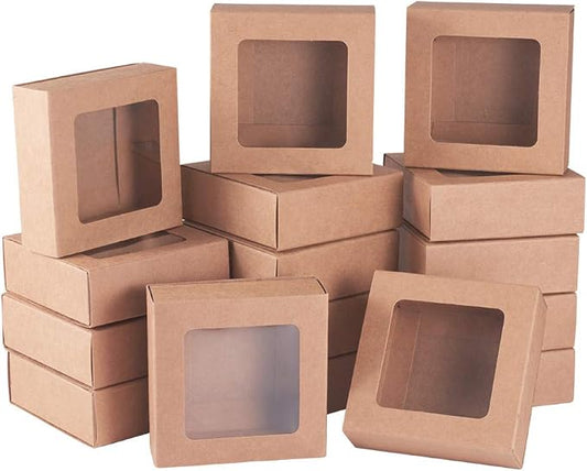 BENECREAT 20 Packs 3.5x3.5x1.2 Square Kraft Paper Gift Boxes Drawer Box with PVC Window Lid for Birthday Party Favor Treats Bakery and Candy