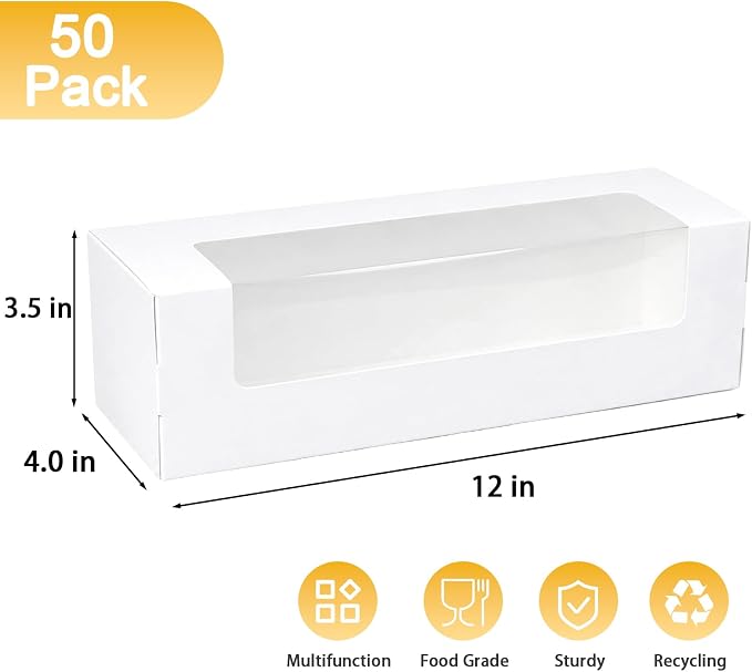 FORBFAN 50 Pcs Roll Cake Boxes 12x4x3.5 Inches, Rectangle Pumpkin Roll Packaging Boxes, White Bakery Pastry Boxes with Window for Swiss Roll, Loaf, Cinnamon Roll, Banana Bread