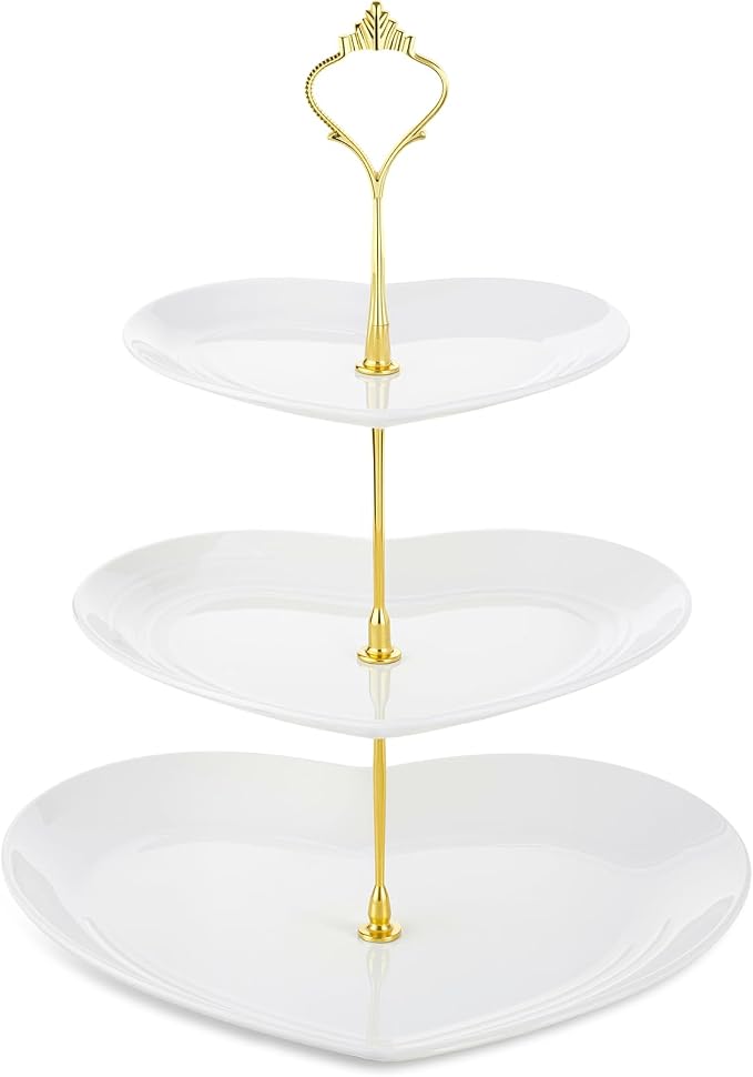 Layhit 1 Pack Wedding 3 Tier Cupcake Stand Heart Shaped 3 Tiered Serving Trays for Party Plastic Tray Dessert Cupcake Stand for Tea Party Baby Shower Wedding (White)
