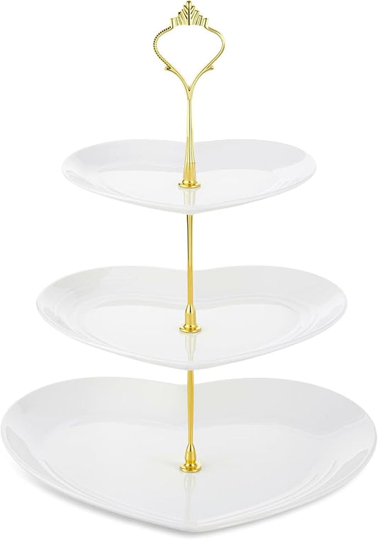 Layhit 1 Pack Wedding 3 Tier Cupcake Stand Heart Shaped 3 Tiered Serving Trays for Party Plastic Tray Dessert Cupcake Stand for Tea Party Baby Shower Wedding (White)