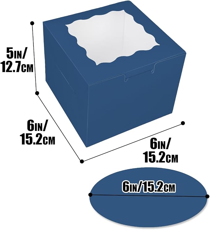 Bakepacker 36pcs 6x6x5 Inches Cake Boxes with Window 18-Packs Ink Blue 6 Inch Bakery Boxes (18 Cake Boxes +18 Cake Boards Included)