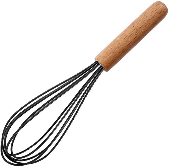 10 "Silicone Whisk with Wood Handle, suitable for mixing, stirring, stirring, cooking, baking, suitable for pancake batter, eggs, cake powder, mixing, gravy, and sauce (black)
