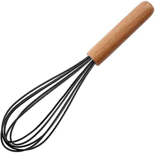 10 "Silicone Whisk with Wood Handle, suitable for mixing, stirring, stirring, cooking, baking, suitable for pancake batter, eggs, cake powder, mixing, gravy, and sauce (black)