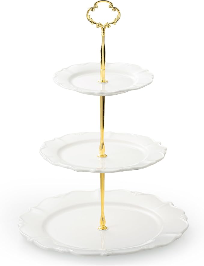 3 Tier Cupcake Stand, Ceramic Tiered Serving Stand, Relief Dessert Tower Tray, Cupcake Holder Tower for Birthday, Baby Shower, Tea Party and Wedding (White)